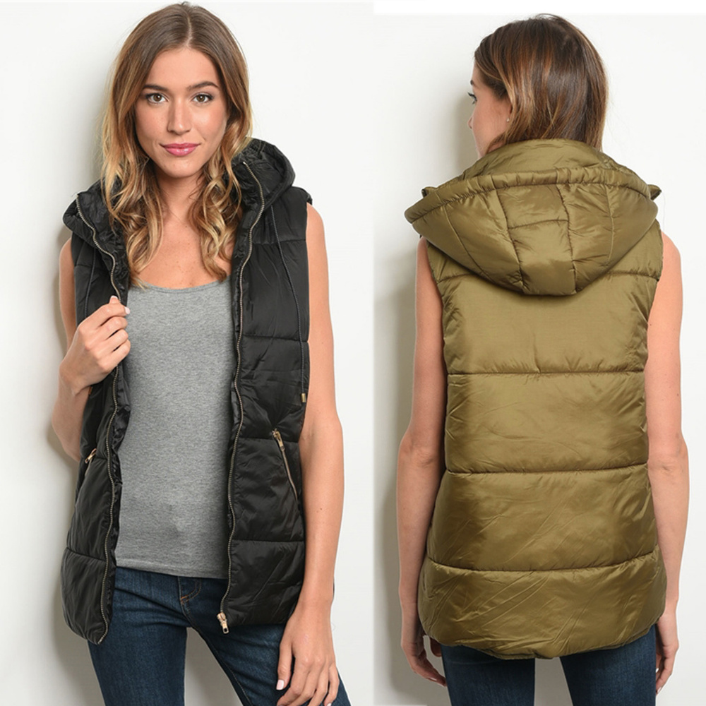 Sleeveless hooded puffer vest for women olive blac